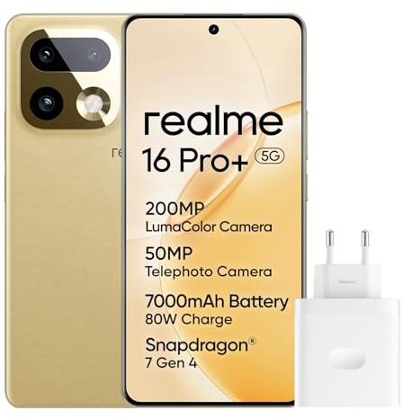realme 16 Pro+ 5G Smartphone, 8GB+256GB, Display Curvo AMOLED 144Hz 6,8, Batteria 7000mAh, Fotocamera 200MP OIS, IP69K, Ricarica Rapida 80W, Doppia SIM, Next AI, Oro (Con Adattatore)