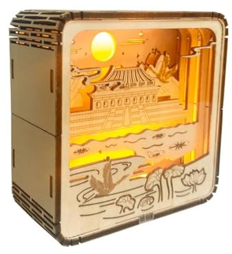 AMEIYUN Wooden Carved Night Light 3D Three-Dimensional Puzzle Wooden Craft Decoration, Moonlit Landmark of The Forbidden City, Cultural and Creative Gifts
