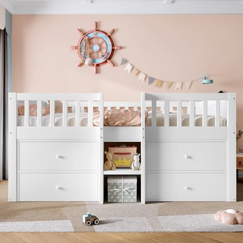 BEJUDYTT Low Loft Bed with Storage, Solid Wood Bed Frame with Drawer Storage, 3ft Single Bed with Guardrail, No Box Spring Needed, Saving-space Design for Bedroom, Modern Bed for Children (White)