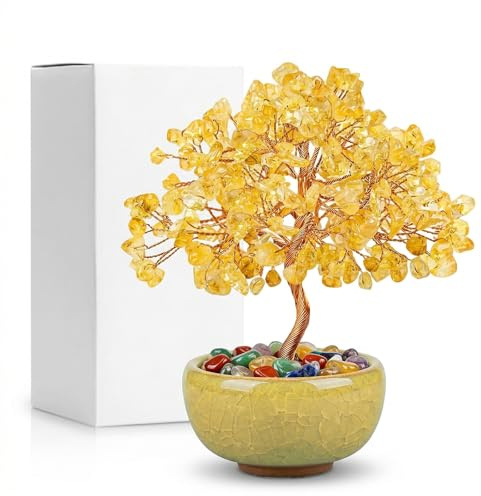 GWEOR Árbol de la Vida Árbol de Cristal, Árbol de Riqueza en Citrino 72 Gemas 8 Flores, Decoración Hogar, Regalo Espiritual y Energético con Caja Regalo