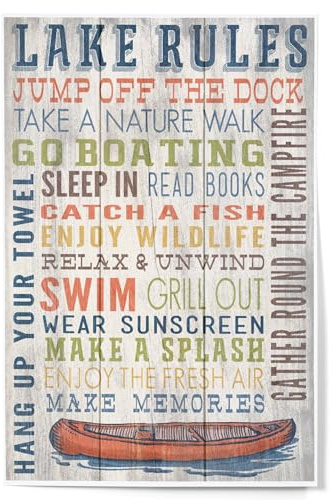 Lantern Press 12x18 Inch Art Print, Home Decor, Lake Rules, Rustic Typography