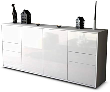 Stil.Zeit Sideboard Gemma, Korpus Weiss matt, Front Hochglanz Weiß (180x79x35cm) Push-to-Open Technik & Leichtlaufschienen