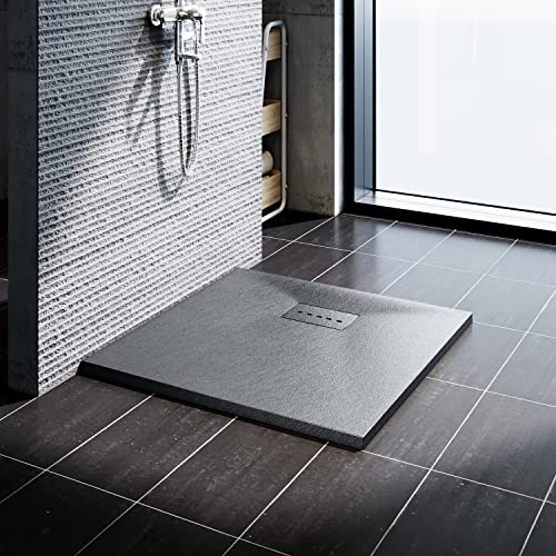 SONNI Plato de Ducha de Resina 80x80,con Válvula de Deasgüe,Textura Pizarra y Antideslizante,Altura 3cm Gris