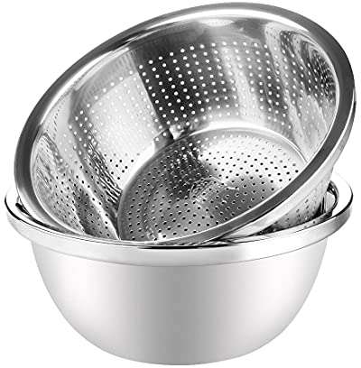 Linkidea 11 304 Stainless Steel Colander with Bowl Set of 2, Kitchen Strainer, Washer, Drainer Basket with Basin for Vegetable, Fruits, Pasta, Salad Mixing, Food Prep, Dishwasher Safe