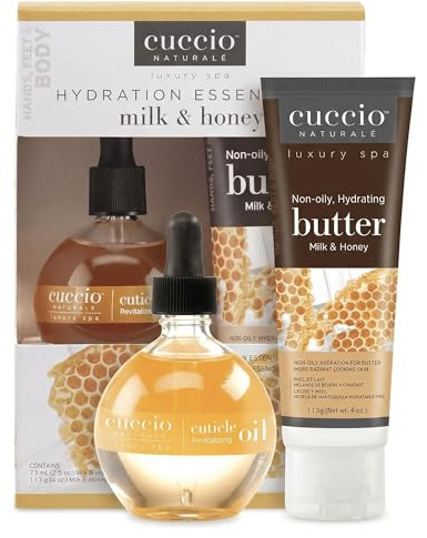 Cuccio Milk and Honey Hydration Essentials, 68ml, Cuticle Oil, and 4oz Butter for Nail Care, Nail Strengthening, Nail Repair, Nail Growth with Jojoba Oil Almond Oi,l and Vitamin E