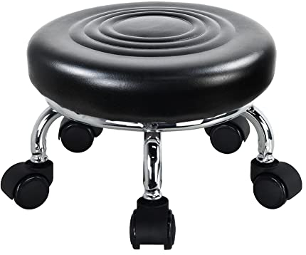 WKWKER Moderner Rollensitz PU Leder Niedriger runder Rollhocker Drehgelenk Kleiner Hocker mit Universal Rollen für Home Office Garage Shop Fitness Sport, H: 21.3cm (Schwarz)