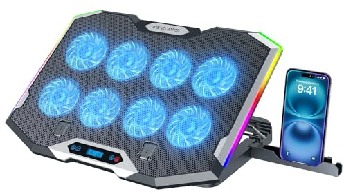 ICE COOREL Gaming Laptop Cooling Pad with 8 Cooling Fans, Laptop Fan Cooler Pad for 15-17.3 Inch, Notebook Cooler Stand with 6 Height Adjustable, RGB Cooling Pad with Two USB Port + Phone Stand