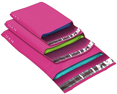 50 Mixed Size Pink Mailing Bags, Hot Pink, 3 Sizes Self Seal Strong Waterproof Poly Plastic Envelopes for Parcels, Packaging, Small, Medium, Large Mail, Shipping Courier Delivery Bags