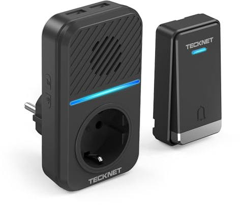 TECKNET Funkklingel Batterielose, Kabellose Türklingel mit EU-Steckdose und USB, IP65 Funkklingel wasserdicht außen haustür Set, 400M Funk Reichweite, 60 Klingeltönen doorbell Mit LED-Blitz