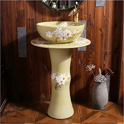 Vanity Unit with Basin,Bathroom Basin Sink with Full Pedestal, Pedestal Sink Handcrafted Ceramic wash Basin Pedestal washbasin Kaolin Clay Round Freestanding Sink with Drain & Fauc