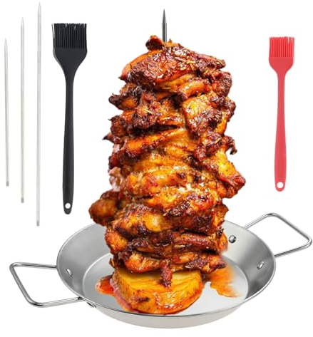 DRELD Vertical Kebab Skewer, 3 Sizes Detachable Spike Barbecue Meat Spit Stainless Steel Roaster Stand with Large Drip Tray and Brush for Broiler, Medium Chicken, Steak, Kebab, Shawarma, Doner, Gyros