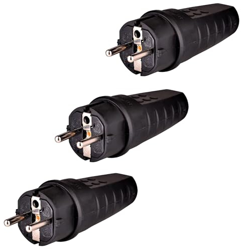 Gummi Stromstecker 230V, 16A, IP44, Wasserdicht Stecker, Bruchfest, Schuko Stecker mit Zugentlastung, Schutzkontakt Stecker mit Knickschutztülle für den Außenbereich geeignet, 3 Stücke (Schwarz)