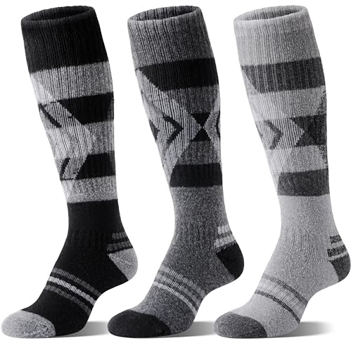 Welwoos Merino Wool Ski Socks for Womens Mens Thermal Winter Warm Thick Knee High Gift Sock Stocking Stuffers for Skiing Outdoor Sports Snowboarding 3 Pairs (Dark Grey/Grey/Black,L)