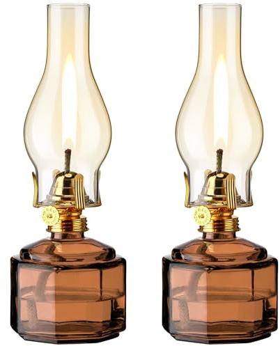 Tuanse 2 Pcs Chamber Oil Lamp for Indoor Use, Classic Kerosene Lamp, Vintage Oil Lanterns, Decorative Hurricane Lantern with Adjustable Fire Wick for Farmhouse Tabletop Decor, 13 in(Dark Brown)