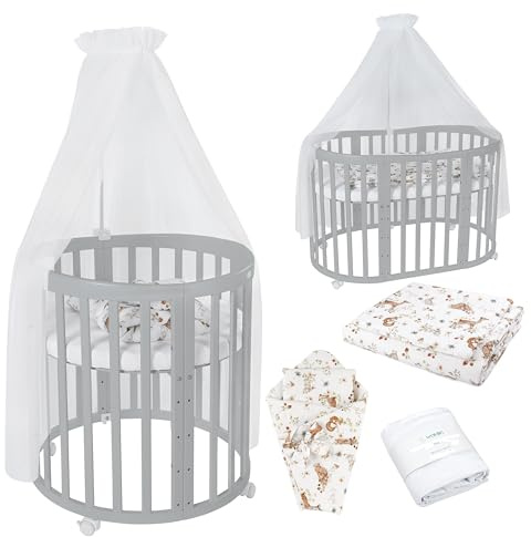 Waldin Babysäng Oval 7i1, Madrass och Hjul, med Hylla, Grå