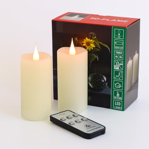 TECHLONG Flameless Candles Battery Operated with Remote Timer, 3D Moving Flame Flickering, Last 400+ Hours, 2 x 4 Ivory Real Wax Electric LED Candle for Christmas Home Wedding Decor, 2 Pack