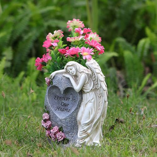 Décoration de jardin - Ange solaire - Lanterne funéraire à LED avec vase en forme de cœur - Décoration de jardin pour l'extérieur - Résistante aux intempéries - Lanterne funéraire solaire avec deux