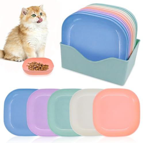 HVIHWI Gamelle pour Chat, Lot de 10 Gamelles Plates Carrées Colorées avec Boîte de Rangement, Gamelle Chat Antidérapante pour Chatons et Chats à Pattes Courtes (Multicolore)