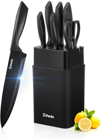 D.Perlla Set Coltelli da Cucina 7 Pezzi con Ceppo Universale e Affilatore Integrato, Coltelli da Cucina in Acciaio Inox, Lama del Coltello Antiaderente e Affilata, Nero