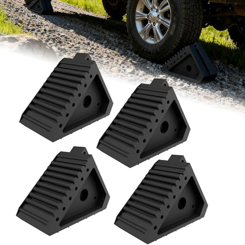 ACXIN 4 cuñas de goma para coche, 20 x 10 x 15 cm, con práctico mango, tope de rueda para garaje, cuña de freno, tope antideslizante para coches, remolques, caravanas, color negro