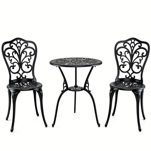 GIANTEX Juego de Bistró de Alumnio Fundido, Mesa y Sillas de Jardín, Mesa Redonda con Agujero para Sombrilla y Sillas con Respaldo, Dibujos Preciosos, Muebles 3 Piezas para Balcón, Terraza, Patio