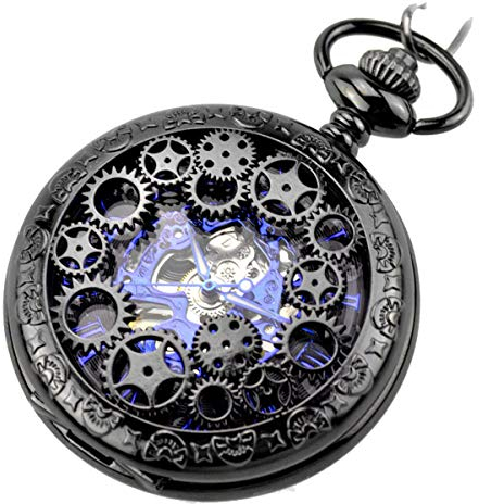 JewelryWe Retro Zahnrad Ritzel Hohe Openwork Handaufzug Mechanische Taschenuhr Skelett Uhr Pullover Halskette Kette Schwarz