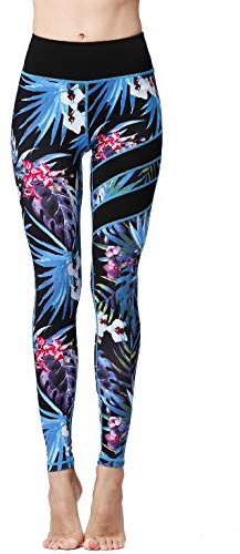 FLYILY Långa Sportleggings för Kvinnor Löpning Tights Hög Midja Stretch Fitness Yogabyxor (4-BlackLeaf,S)