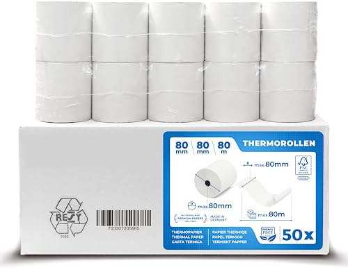 THERMALKING Thermorollen 80mm x 80mm x 12mm [für Bondrucker wie Epson, IBM & co.] - Bonrollen 80x80x12 Thermo - Kassenrollen Thermopapier - Geeignet für Drucksysteme mit Papierbedarf bis 80m (50 Stk)