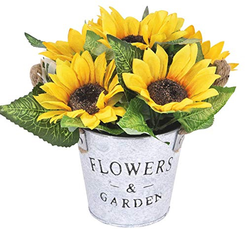 Leixi Artificial Sunflowers with Pot, Artificial Flowers in Metal Potted, Artificial Sunflower Bouquet with Vase for Wedding Party Stage Centerpieces Windowsill Decor (Yellow)