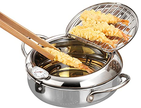 Fritteuse mit Öl Kaltzonen Technologie 2200ml Edelstahl Japanische Tempura Frittiertopf mit Thermometer und Öl Abtropfgestell, Klein Fryer für Pommes Frites, Fisch und Knuspriges Fleisch
