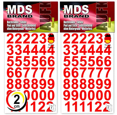 MDS Brand 2cm Zahlen Aufkleber Rot | Selbstklebende Klebezahlen | Vinyl Klebeziffer zum Aufkleben für Briefkasten, Büro Ordner, Hausnummer für Außen & Innen Peel (2cm, Rot)