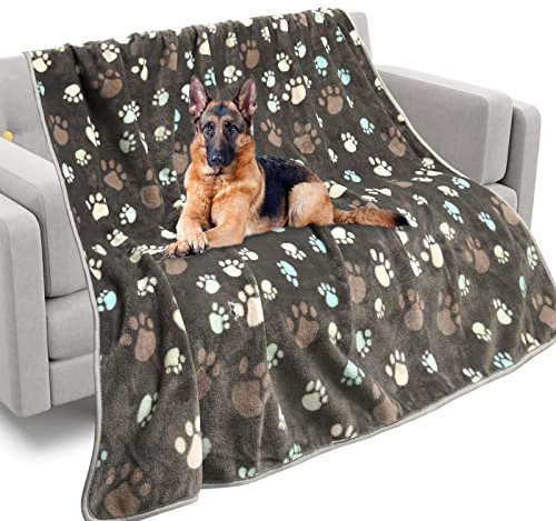 Rezutan Upgraded Dog Blankets for Large Dogs, Dog Cat Flannel Blankets Washable, Soft Pet Mat Throw Cover for Kennel Crate Bed, Cute Paw Pattern, Dog Blanket, Pet Blanket (Grey 50 x 60)