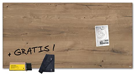 SIGEL SF476 Premium magnettavla i glas Artverum 91 x 46 cm naturalträ, träutseende – set inklusive 4 svarta tavlor + rengöringsduk