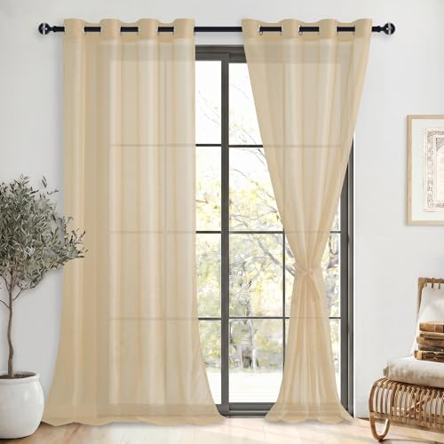 DWCN Set de 2 cortinas de voile transparentes con ojales para cortinas con lazos para salón, color beige, 280 x 140 cm (alto x ancho)