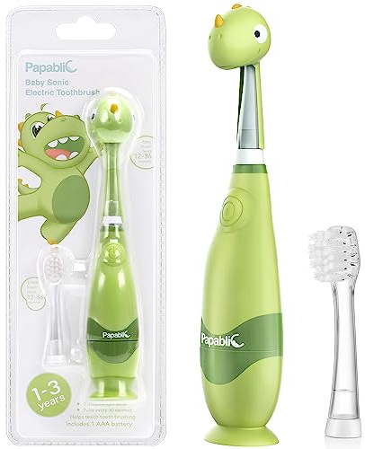 Papablic Toddler Sonic Electric Toothbrush Kids for Ages 1-3 Years, Baby Electric Toothbrush with Cute Dino Cover and Smart LED Timer, 2 Brush Heads (Max)