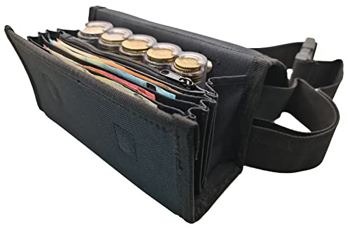 CLAIRE-FONCET Riñonera de Camarero de lona negra, Monedero de Camarero,1 bolsillo zip interior, incluido Dispensador, Distribuidor Transparente y Graduado para las 5 Monedas de Euros, Cierre Magnético