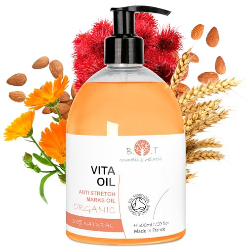 Vita Oil Anti-bristning: Graviditetsremsor, uppstramande kroppsolja, bekämpar hudslapp med 87%, förbättrar hudens utseende (mandlar, vitaminer A & E) – 500 ml