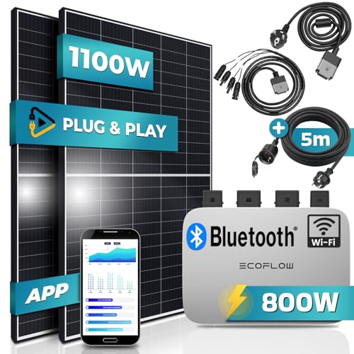 SUNNIVA® Balkonkraftwerk 1100/800W Solaranlage mit 800W Astro-Energy Micro Wechselrichter mit Wifi Bluetooth, upgradebar drosselbar, 2x 550W Solarmodule, 5m Kabel, Solarkabel, Photovoltaikanlage