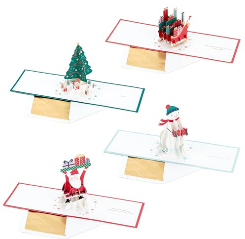 Hallmark julkort, 3D- och popup-kort, paket med 4 i 4 festliga mönster, jultomten, träd, släde, snögubbe, röd, grön, blå