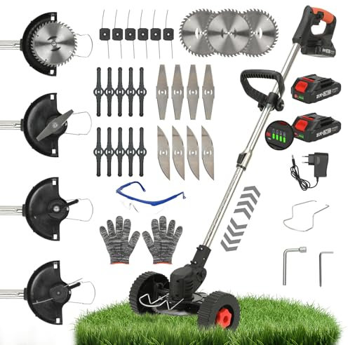 Desbrozadora Electrica，24V Desbrozadora Bateria，Cortabordes Bateria 3 En 1，con 2 Baterías 2000mAh Y Ruedas Auxiliar，Ajustable y MangoTelescópic, Cabezal Pivotante 90°, para Recortar Césped y Arbustos
