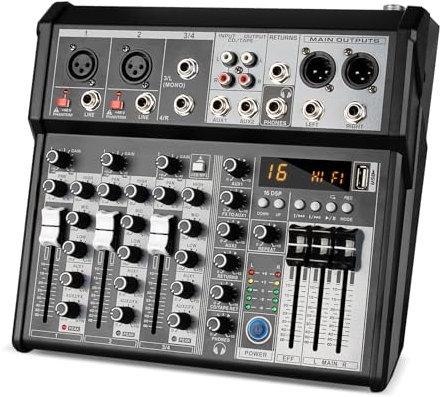 Mezclador de Audio Profesional, 4 Canales, Consola de Mezclas con Interfaz de Sonido, Procesador DSP de 16 Bits, Bluetooth, Phantom +48V para Karaoke, Estudio y Grabación