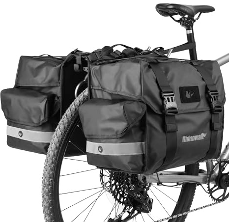 Rhinowalk Borsa da bicicletta da 40 l, doppia borsa da sella, con maniglia per il trasporto con finiture riflettenti, accessori professionali per ciclismo, colore nero