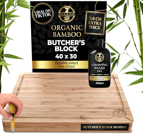 Deer & Oak Extra Large Chopping Board & Oil Bundle - 40 x 30 x 3.8cm Extra Thick Wooden Bamboo Butcher's Block and 250ml Chopping Board Oil Set