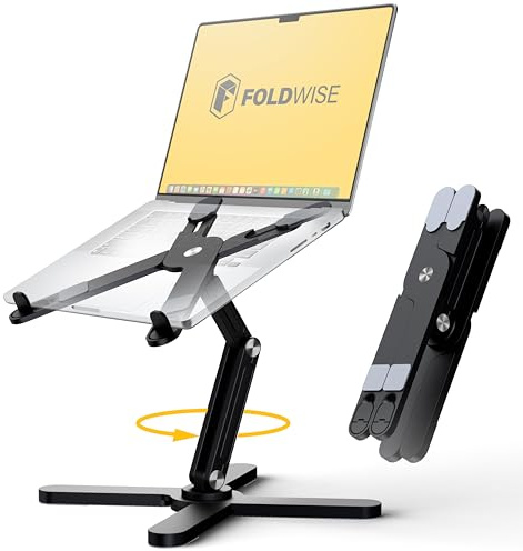 FoldWise X Premium Laptop Stand for Desk - 100% Aluminium, Portable & 360° Rotating - Adjustable Height & Angles Laptop Riser - Sturdy & Foldable MacBook Stand Compatible with All 11-18” Devices