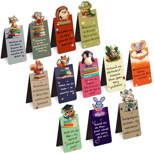 12er Set Magnetische Lesezeichen mit Inspirierenden Sprüchen für Kinder | Ideal als Mitgebsel für Geburtstag, Einschulung & Gastgeschenke – Mit Niedlichen Tiermotiven