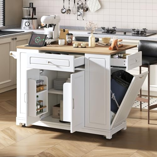 YEHTOKHOME Îlot de Cuisine avec 2 Prises et USB, Chariot de Cuisine avec Plan Rabattable, Poubelle Intégrée, 2 Tiroirs, 2 Portes, roulettes Freinables, pour Salle a Manger (C-Blanc)
