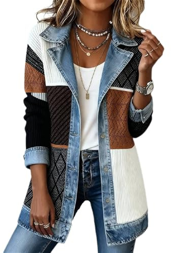 Blazer da donna in denim patchwork a blocchi di colore casual a maniche lunghe buttion primavera giacche moda, 01, M