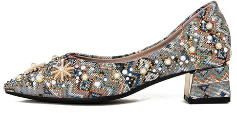 Eestfy Décolleté Con Tacco A Blocco E Punta Affilata Da Donna Con Tomaia In Tela Con Strass Scarpe Eleganti Per Uso Quotidiano Ed Eventi Di Festa Suola In Gomma Slip On,Flower colour (4 cm heel),34 EU