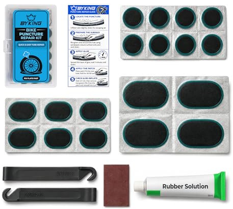 Byking Puncture Repair Kit for Bicycle Tyre Inner Tubes, Bike Repair Kit with Patches, Levers, Sandpaper and Guide. Bike Puncture Repair Kit for Road, MTB, Gravel tire.
