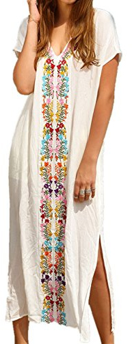 LikeJump Women's Bohemian V Neck Kimono Maxi Swimsuits Kaftan Bikini Cover Ups Summer Beach Dress Tops